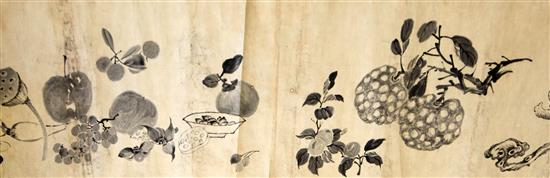 A Chinese ink painted hand scroll, 18th century, 32cm x 391.5cm, old repairs